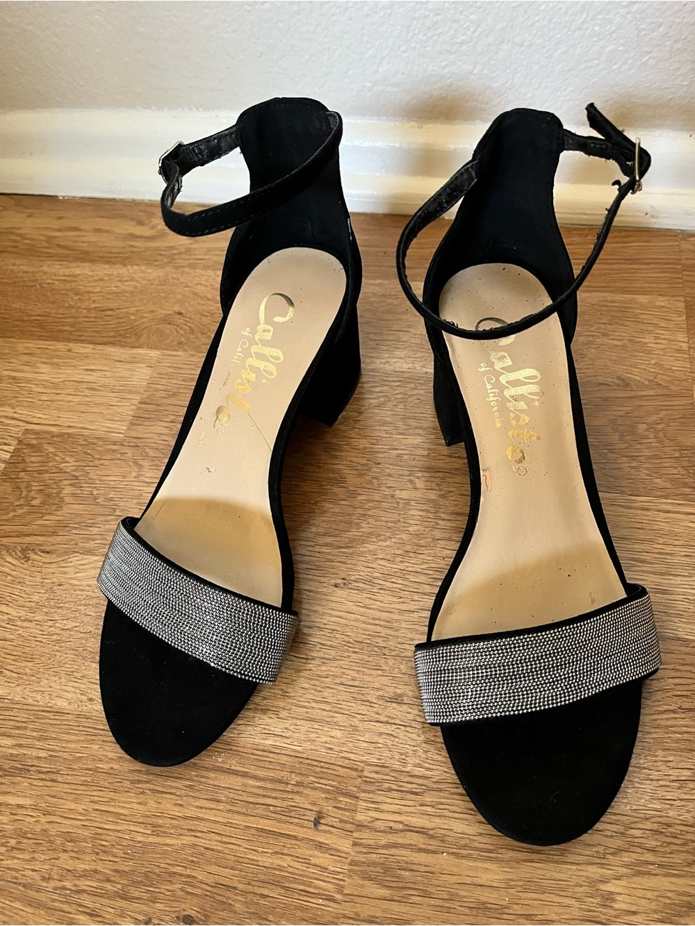 Callisto Black Block Heel Sandals with Silver Ball Chain Strap - Size 7